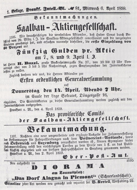 Einladung zur ersten Generalversammlung der Saalbau-Aktiengesellschaft am 14.4.1859